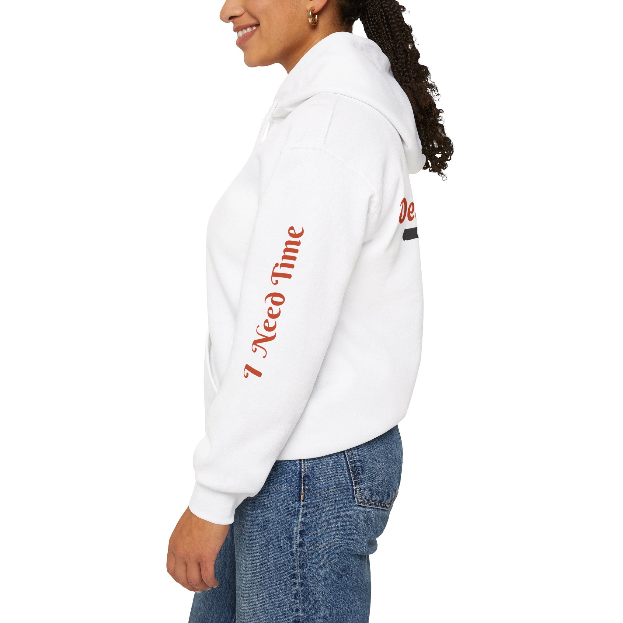 Need a Moment" Emotional Wear  — Minimalist Clock Graphic Sweatshirt with 'I Need Time' Sleeve Text
